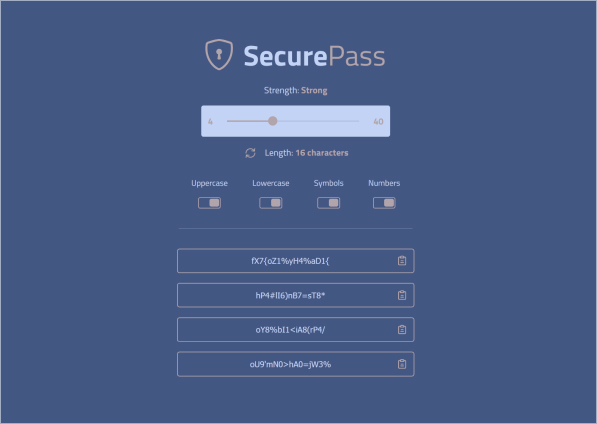 A picture of the SecurePass passsword generator app